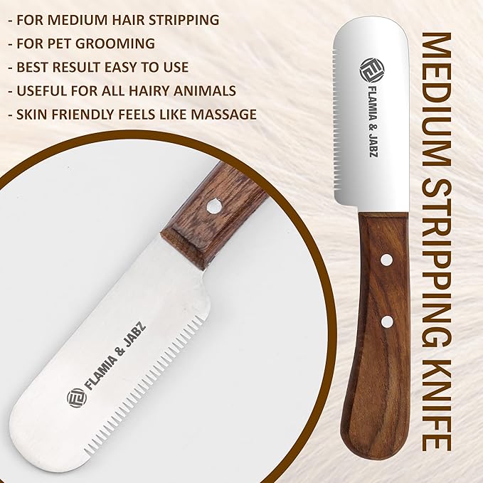 FLAMIA & JABZ Professional Dog Grooming Hand Stripping Knife, Stripper Trimmer Tool, Red Meranti Wooded Handle non slip grip with Tripping Stainless Steel blade (3 Piece Pack, Right Handed)