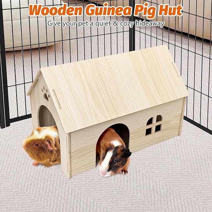 Fhiny Wooden Guinea Pig Hideout, 15.2 x 9.1 x 9.8 inch Large Guinea Pig House with Entrances and Windows Detachable Small Animal House for Bunnies Dwarf Rabbits Chinchillas Hedgehogs to Rest and Hide