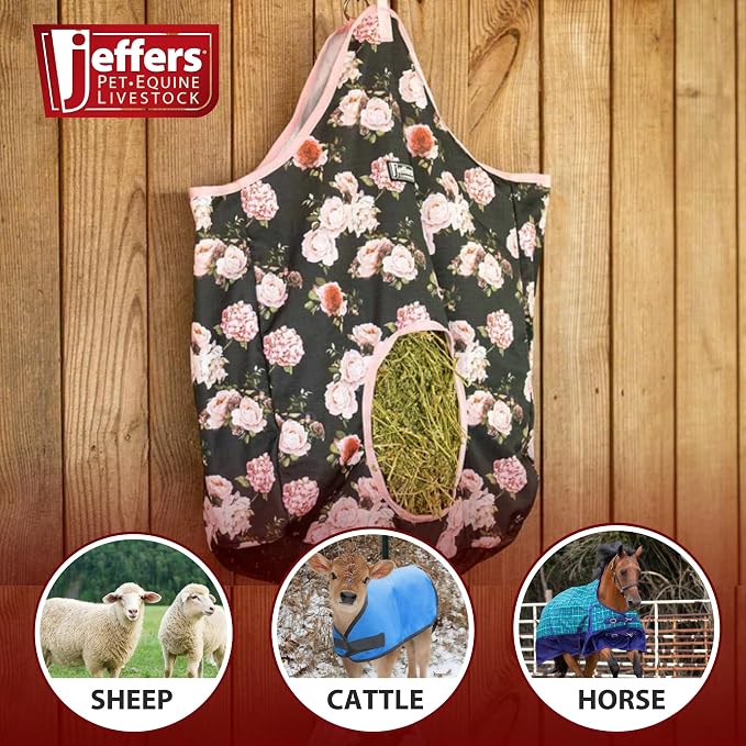 Jeffers Expression Top Loading Hay Bag for Horses & Livestock – Durable 600 Denier Hanging Hay Feeder, Water Resistant with Mesh Bottom, Easy Hanging Snap for Stall, Trailer, Travel - Rose Garden