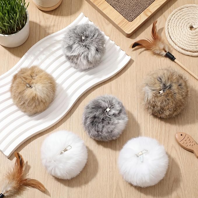 18 Pack Natural Rabbit Fur Cat Toy Refills, Mouse Tail Fur Ball Shaped Cat Toys, Interactive Cats Wand Toy Replacement Head with Secure Connector (Pom Pom)