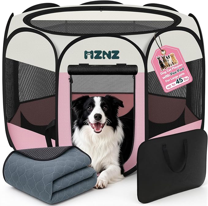 Dog Playpen with Pee Pad, Portable Puppy Pet Crate Indoors for Small/Medium/Large Dogs Cats Rabbits, Foldable Dog Cage Enclosure for Outdoor, Pop Up Dogs Tent Kennel with Carrying Case, Pink