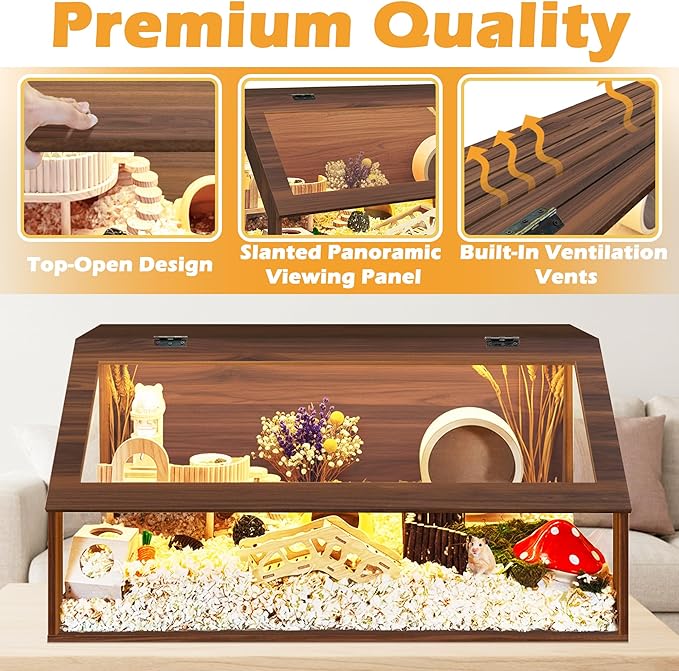 PROLEE Hamster Cage Chewproof, 40" x 20" x 20" Sloped Mice and Rat Habitat with Clear View, Solid Built with Lockable Design and Openable Top, Walnut