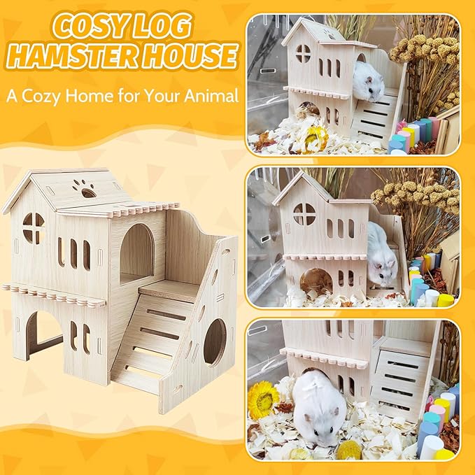Hamster House,Tiny House with Slide House, Double-Decker Hut, Hamster Cage Accessories,Small Animal Habitat Decor for Small Hamster