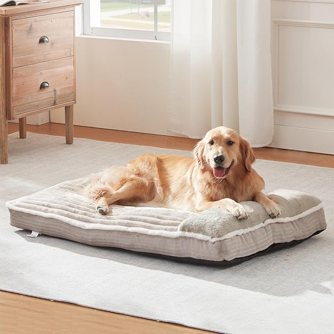 Dog Bed for Large Dogs, Dog Mattress with Pillow for Crate Kennel, Sofa pet Bed, Super Soft pet Bed for Medium, Jumbo, Small Dogs Breeds (Beige, Medium:(30”x20 x3
