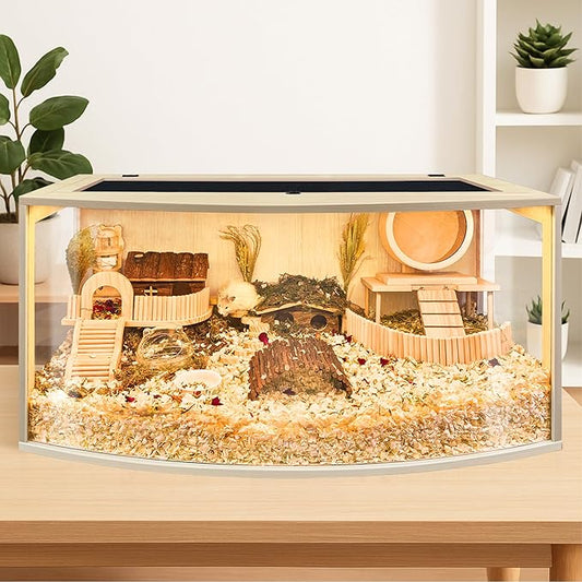 Prolee Hamster Cage Chew Proof Wood, Hamsters Enclosure Openable Top with Curved Design,Waterproof Small Animals Cage with Acrylic Sheets for Gerbils,Hamster Habitat(32 Inches)