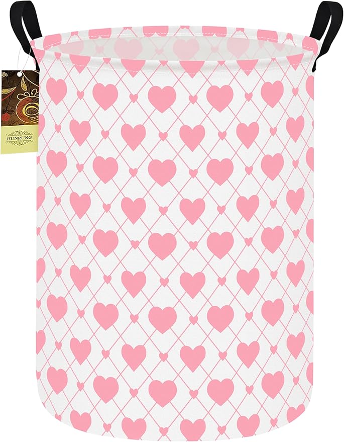 Collapsible Fabric Storage Basket, Waterproof Laundry Hamper with Handles, Round Storage Bin for Clothes Toys, Foldable Organizer for Bedroom Nursery Bathroom(Round-Heart)