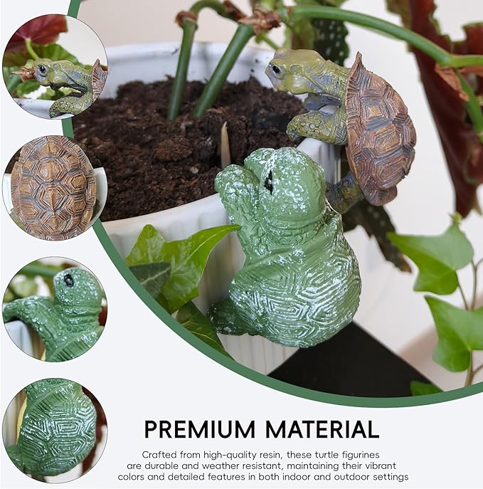 2pcs Resin Turtle Figurines for Pot Edge and Aquarium Decor, Realistic Climbing Green and Brown Decorative Turtles