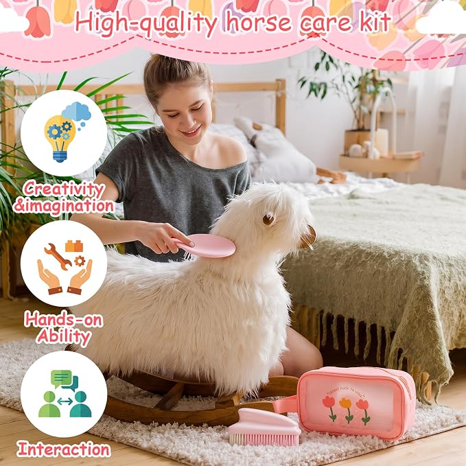7 Pcs Hobby Horse Grooming Kit Pony Accessories Care Set with Storage Bag Brushes Combs & High-Density Sponge for Plush & Long Mane Care - Pink Nordic Style