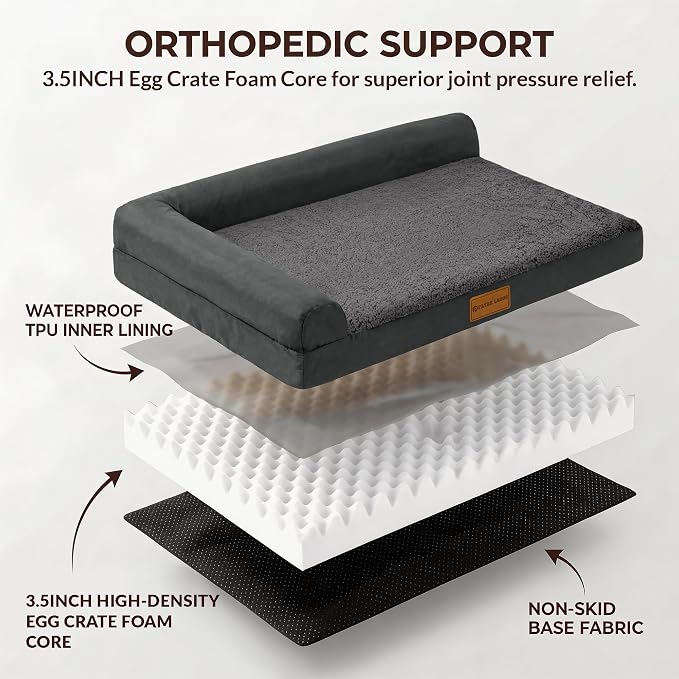 Patas Lague Orthopedic Dog Bed Large Sized Dog 36''X24'', Waterproof L Bolster Medium Pet Sofa Beds with Removable Washable Cover, Soft Pet Couch Crate Mat with Nonskid Bottom, Dark Grey