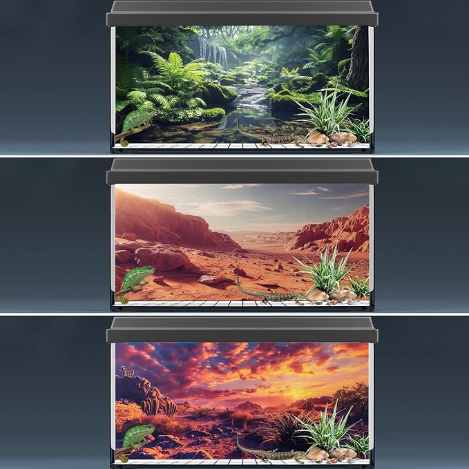 COMSUN 3 Pack Terrarium Background, 36x18 inches Polyester Reptile Background, Cloth Terrarium Backgrounds, Gobi Sunshine Cactus Stone & Green Tree Fern Stream Backgrounds