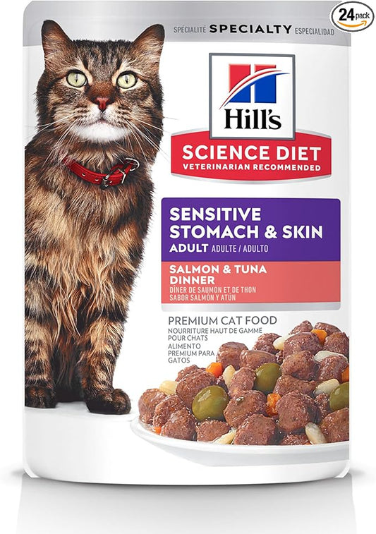 Hill's Science Diet Adult Sensitive Stomach & Skin Wet Cat Food, Salmon & Tuna, 2.8 oz. Pouches, 24-Pack