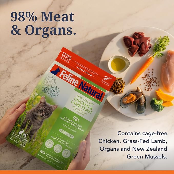 Feline Natural High Protein Dry Cat Food, Freeze-Dried Diet with 98% Meat, Organs & Seafood, No Peas, Grains, or Artificial Additives, Made in New Zealand, Chicken & Lamb, 3.5oz