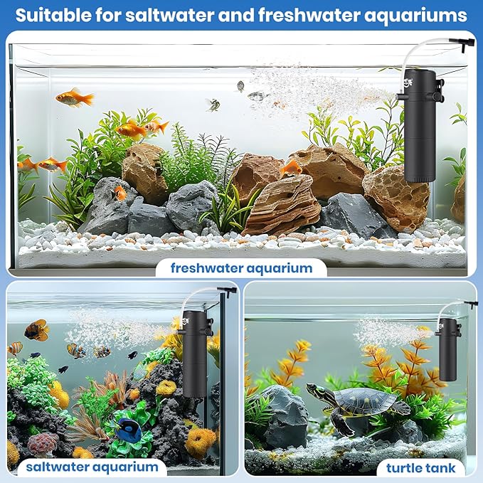 Aquarium Filter for 10-30 Gallon Tank, Submersible Fish Tank Filters with Wave-Maker Oxygenation Circulation, Adjustable Air Flow Filter for Freshwater & Saltwater (8W)