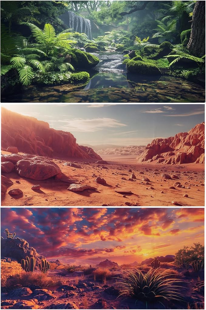 COMSUN 3 Pack Terrarium Background, 48x24 inches Polyester Reptile Backgrounds, Cloth Terrarium Background, Gobi Sunshine Cactus Stone & Green Tree Fern Stream Backgrounds