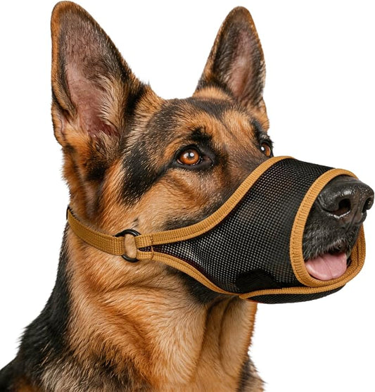LUCKYPAW Dog Muzzle, Mesh Dog Muzzle for Large Medium Small Dogs, Soft Mouth Guard for Biting Chewing, Breathable Mouth Cover with Adjustable Strap for Training (Brown, S(Snout:7.75"-8.75"))