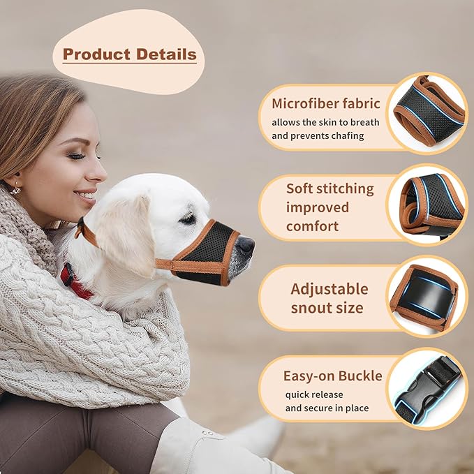 HEELE Dog Muzzle,Soft Nylon Muzzle Anti Biting Barking Chewing,Air Mesh Breathable Drinkable Adjustable Loop Pets Muzzle for Small Medium Large Dogs 4 Colors 4 Sizes (Brown, L)