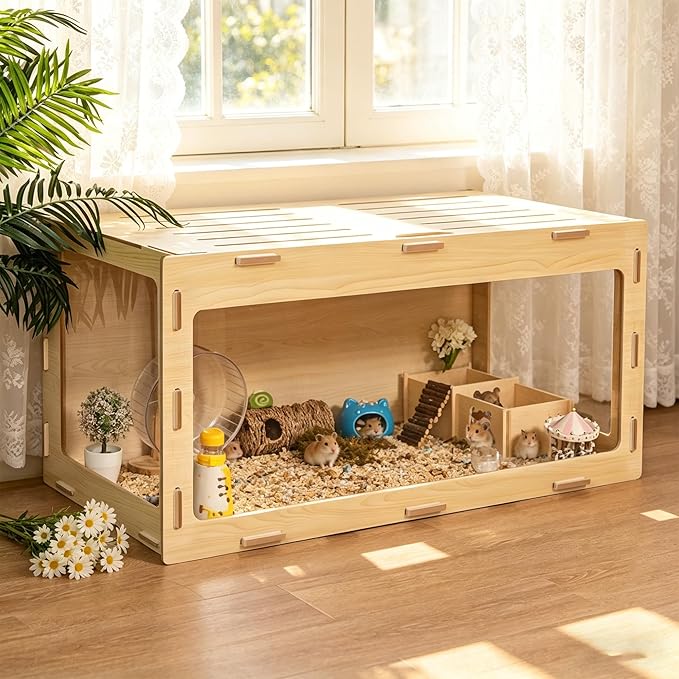 COZIWOW Hamster Cage, Chewproof 32" Large Wooden Hamster Enclosure with 270° Panoramic View, Acrylic Small Animal Habitat Cage for Syrian, Guinea Pig, Chinchilla, Gerbil
