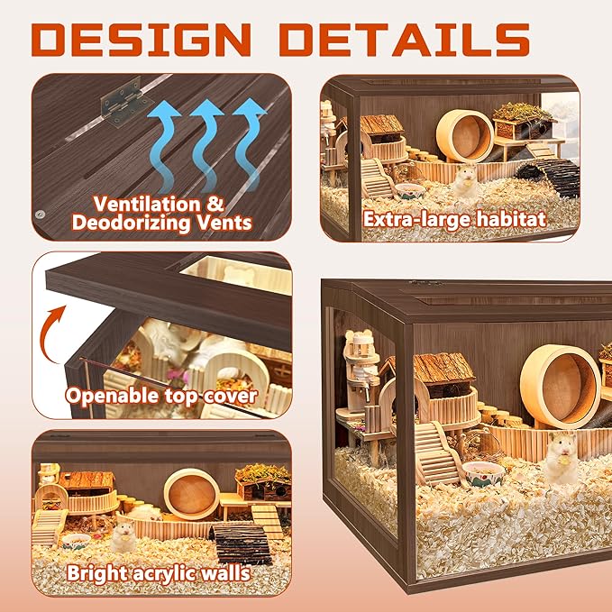 PROLEE Hamster Cage with Chewproof Wood Top, Guinea Pig Cages, Hamster Habitat with Clear Acrylic Sheets Solid Built, Small Animal Cage (Walnut, 32X15.5X15.5 inch)