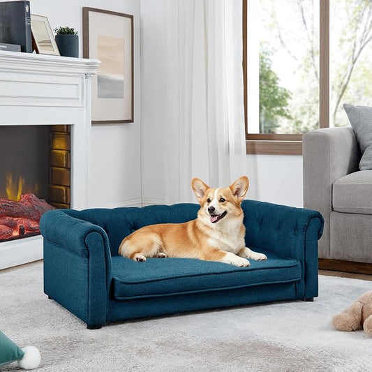 Dog Sofa for Small & Medium Dogs | Removable & Washable | No Assembly Required | Breathable Linen Fabric | Soft Foam Cushion |Floor-friendly sofa legs | Blue