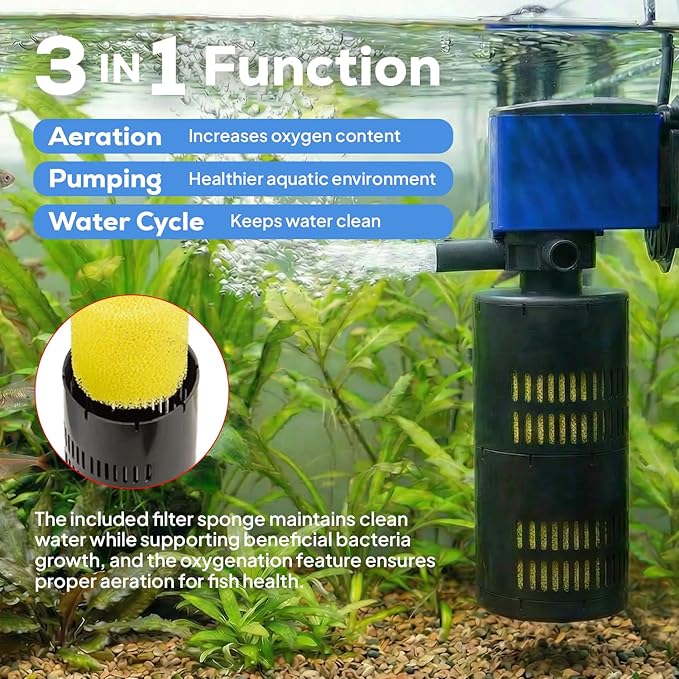 Aqua Dream 320 GPH Internal Aquarium Filter - 3 in 1 Submersible Powerhead Pump with Air Oxygenation & Sponge Filtration, 20W High-Performance Water Cycling Pump for Fish Tanks - 4 Pcs