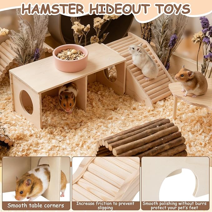 BreezeHug 4 Pcs Hamster Platform Hideout Wooden Tunnel Ladder Playhouse Hamster Game Climbing Toy with Platform Cage Accessories for Pets Dwarf Syrian Mice Degus Gerbils Squirrel(Peek)