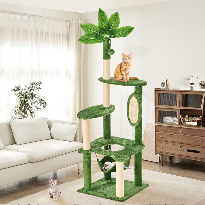 61-Inch Tall Cat Tree Tower with Scratching Post, Multi-Functional Cat Shaped Design Tower with Hammock, Scratcher, Pompoms, for Climbing, Lounging and Playing,Green