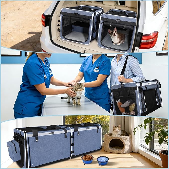 Petskd Double Extra Large Cat Carrier with Litter Box and Privacy Curtain, 48"x17"x17" Soft Cat Car Travel Carrier with Locking Zippers for Multiple Cats Long Distance Trip(Blue)