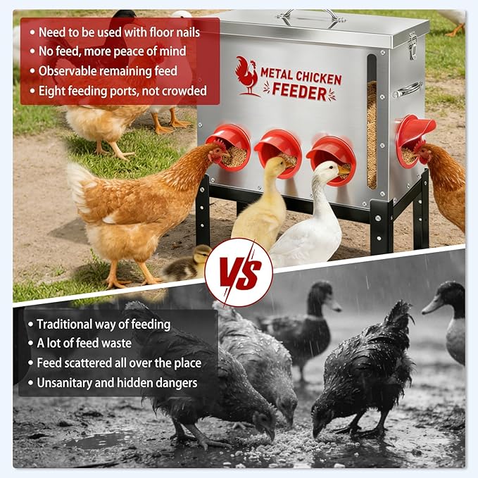Automatic Chicken Feeder 50 LB Large Capacity with Window 8 Feeding Ports & Buckle Lock Lid and Adjustable Height Stand Chicken Feeder for Chickens Geese Ducks & Poultry(Silver)