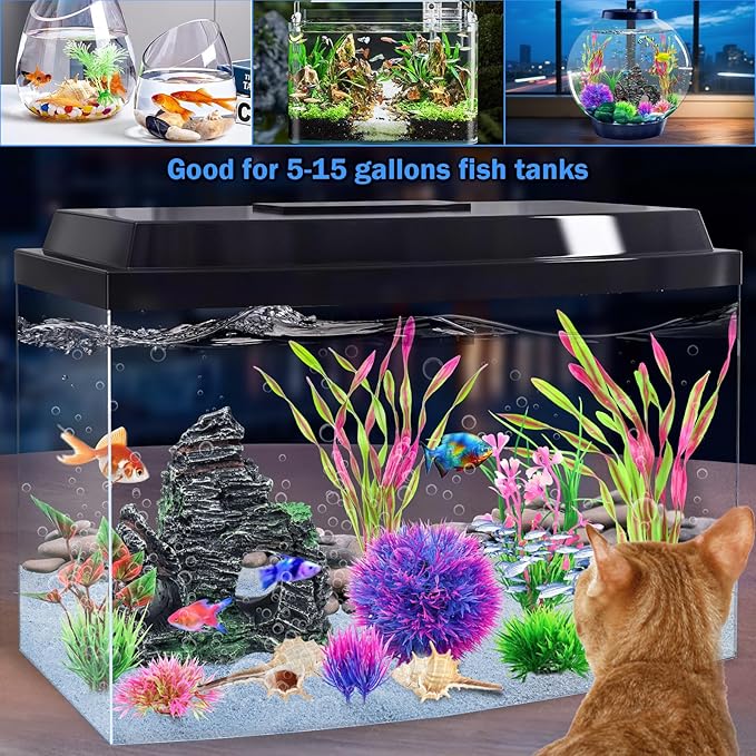 QUOZUO 10pcs Aquarium Artificial Plastic Plants Decorations and Rock Cave Decor Set, Fish Tank Accessories Small Large Fish Bowl Ornaments Set