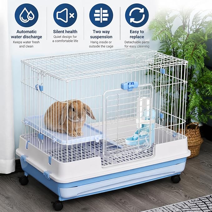 Rypet Rabbit Water Bottle No Drip - 17oz Hanging Water Fountain Automatic Dispenser Pet Cage Water Feeder for Bunny Chinchilla Guinea Pig Hedgehog Ferret Blue
