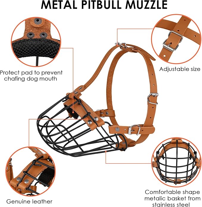 Pitbull Dog Muzzle Breathable Metal Basket for Large Dogs Amstaff Staffordshire Terrier Secure Wire Mask Adjustable Durable Leather Straps Biting Chewing Barking (Brown)