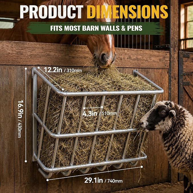 20 Gallon Wall Mount Hay Feeder, Metal Hay Rack for Goats and Horses | Galvanized steel, livestock feeding rack, barn stall feed holder, space-saving, rounded edges, easy install