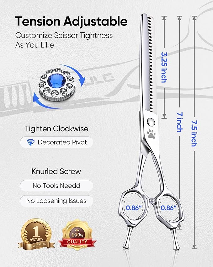 ULG Curved Dog Shears for Grooming, 7 Inch Professional Straight Chunker Dog Grooming Scissors for Trimming and Cutting, Japanese Stainless Steel Pet Hair Scissors, 65%-75% Thinning Rate