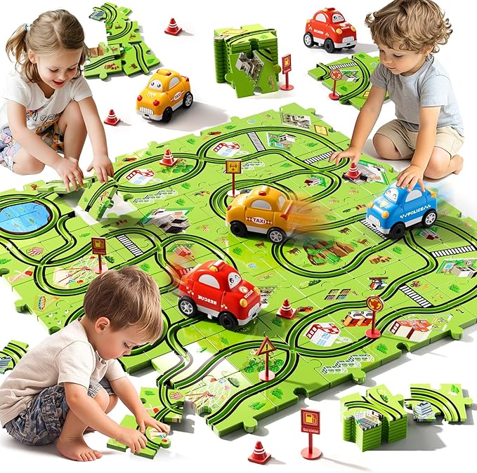 Beby Buty 64PCS Puzzle Track Car Set Toys for Kids Boys, Toddler Toys Gifts for 3 4 5 Year Old, Floor Puzzle Tracks Car for Boys Ages 3-5 4-6, for 3 4 5 6 Year Old