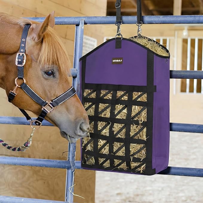 Ultra-Slow Feed Hay Bag for Horses, 3 Packs Hay Bags with Net Front Design,Wide Opening for Easy Filling,Two Types of Hanging for Feeding Goats, Sheep and Donkeys (1 Black+2 Purple)