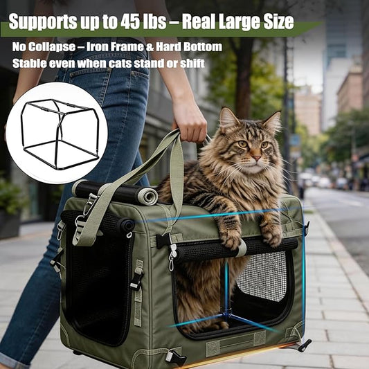 Extra Large Cat Carrier for Large Cats or 2 Small Cats - Soft-Sided Pet Carrier for Car Travel, Top Load, 4 Openings, Anti-Sag Iron Frame, Anti-Sagging pad, Zipper Lock Buckle, Foldable, Green