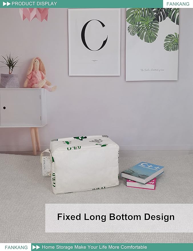 Storage Basket,Nursery Hamper Canvas Laundry Basket Foldable with Waterproof PE Coating Storage, Office, Bedroom, Clothes,Toys (L, Rec-Cactus)
