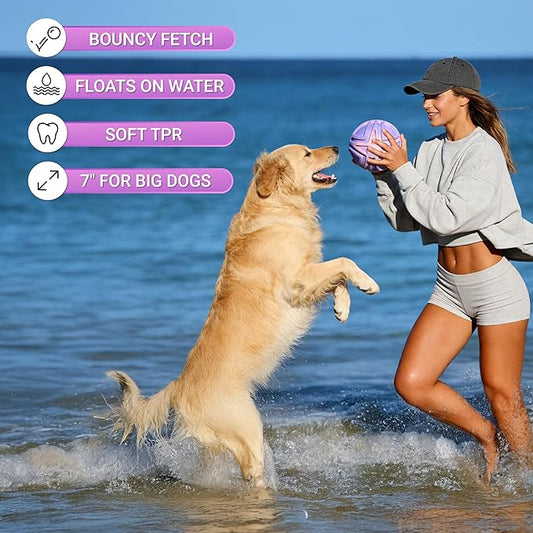 Dog Balls Bouncy Floating Fetch Toy, Interactive Rubber Ball, Durable TPR Foam for Outdoor & Water Play, 7 Inch (18cm) Size, Non-toxic & Gentle On Teeth for Large Dog Breed (Pink & Purple Ombre)