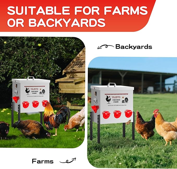 50LB Automatic Chicken Feeder with 8 Ports, Heavy Duty Metal No-Waste Poultry Feeder, Rustproof & Weatherproof Design with Adjustable Legs & Locking Lid