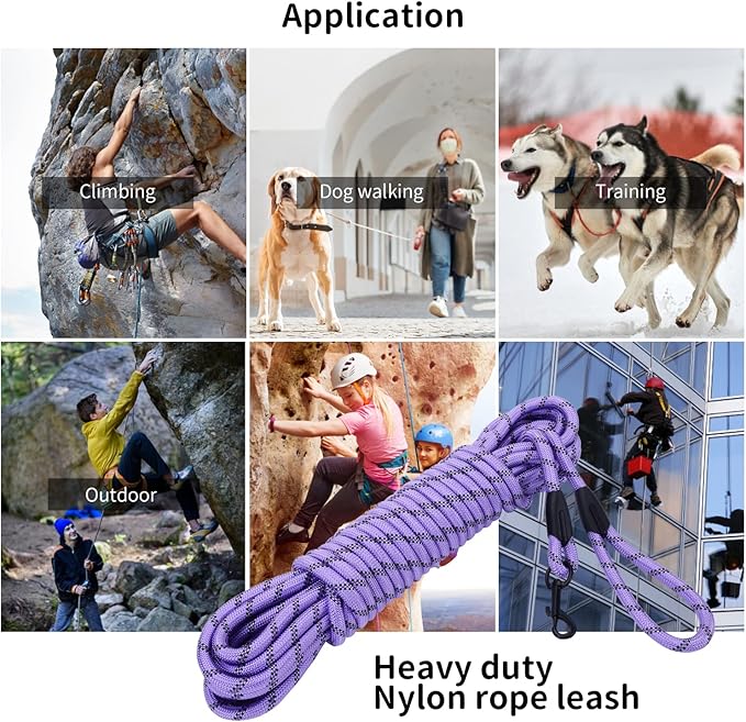 Long Dog Leash for Training 50Ft-Reflective Nylon Rope with Swivel Hook-Recall Agility Lead for Large Small Medium Dogs Outside Walking Hiking-Purple Diam 1/2"