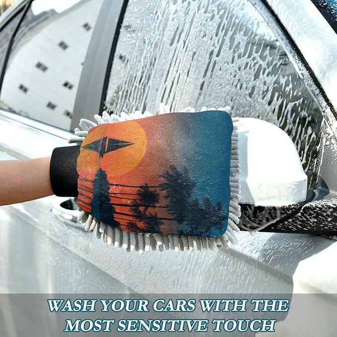 Car Wash Mitt Microfiber Wash Mitts for Car Washing Scratch-Free Cleaning Gloves Soft Non Absorbent Chenille Auto Hand Mitt Medium 2Pack Tropical Sunset Ships Blue