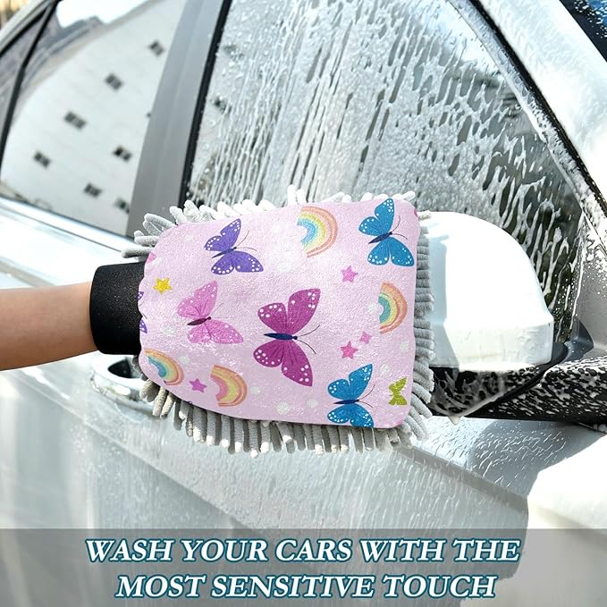 Car Wash Mitt Microfiber Wash Mitts for Car Washing Scratch-Free Cleaning Gloves Soft Non Absorbent Chenille Auto Hand Mitt Medium 2Pack Butterflies Rainbows Pink