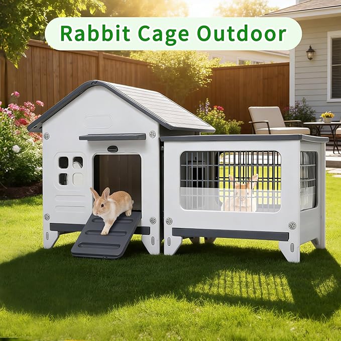 Rockever Plastic Rabbit Cage Outdoor Indoor, Waterproof Rabbit Hutch-Leak-Proof Pull-Out Tray&Chew-Proof, Bunny Cage Guinea Pig Cages with Run, Easy-Clean & Ideal for Small Animal(Grey)