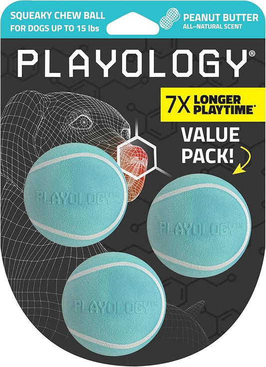 Playology Dog Toys | Squeaky Chew Ball for Dogs, Value 3-Pack | Peanut Butter Scented Small Dog Balls | Bouncy Floating Chew Toys for Fetch
