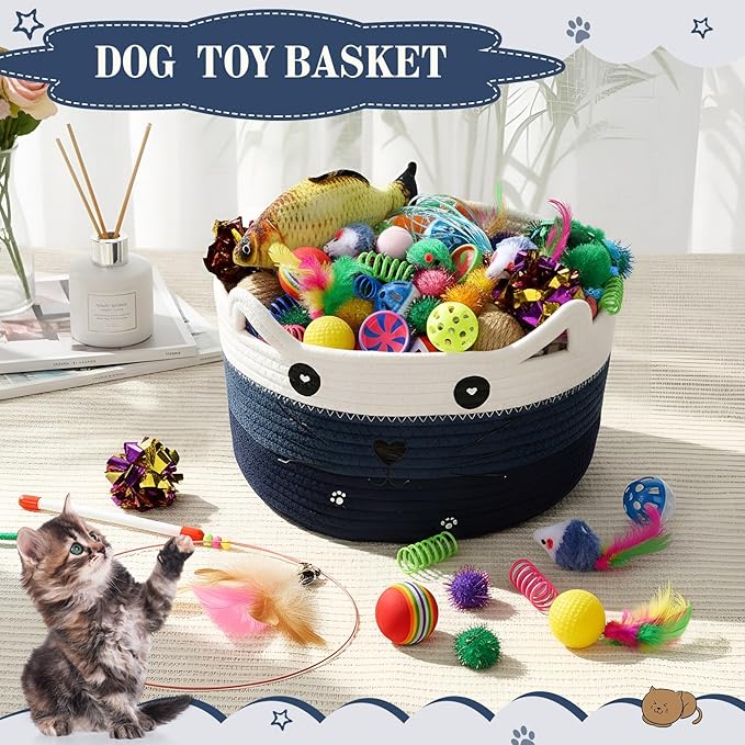 Zopeal 76 Pcs Mother's Day Cat Storage Basket Gift Toys Set Interactive Cat Toys Kitten Wand Colorful Flashing Balls Pet Crinkle Balls Attract Kitten to Swat, Hunt for Pet Indoor(Blue)