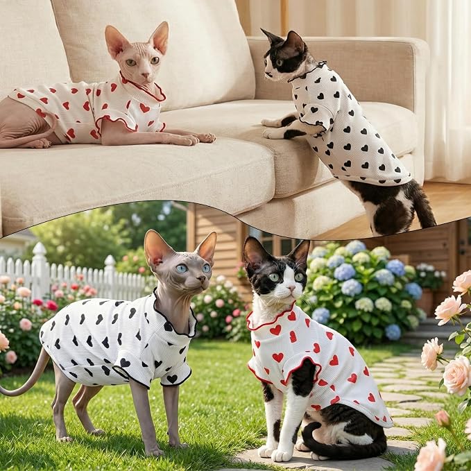 DENTRUN Heart Pattern Sphynx Hairless Cats Shirt, Kitten T-Shirts with Perlin Sleeves, Breathable Cat Wear Cute Sweater Adorable Hairless Cat's Clothes Vest Pajamas Jumpsuit