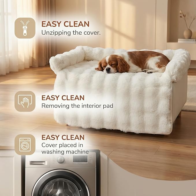Calming Dog Bed for Couch, 29.5 x 29.5 inch Removable Couch Cover for Dogs Washable, Non-Slip Fluffy Plush Dog Sofa Mat for Furniture Protector (White)