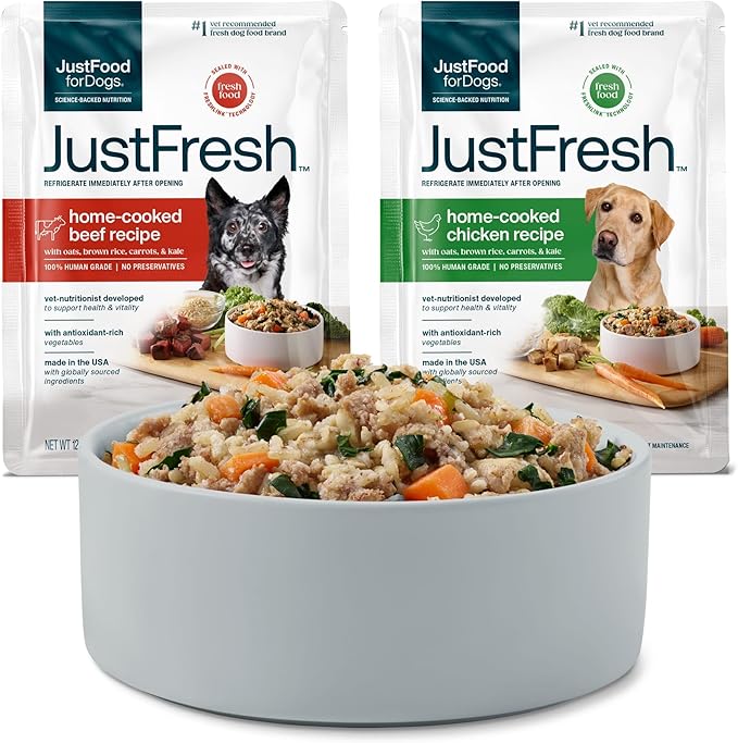 JustFoodForDogs JustFresh Wet Dog Food, Fresh Pet Meals and Toppers with No Preservatives, Resealable Package, Human Grade, Home-Cooked Beef & Chicken, 12 oz - 14 Pack
