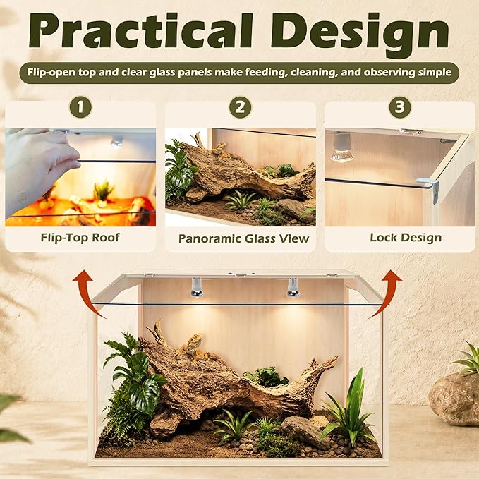PROLEE Bearded Dragon Tank, Lizard Tank with Clear Tempered Glass Roof,Anti-Scratch Reptile Enclosure, Reptile Tank Built-in Light Fixtures with Switch (24X16X16inch,24 Gallon)