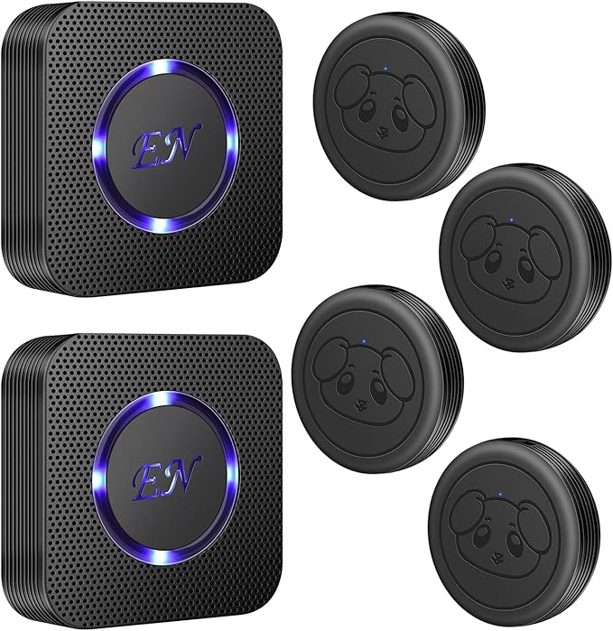 Dog Door Bell Wireless Doggie Doorbells for Potty Training with Waterproof Touch Button Dog Bells Included 2 Receivers and 4 Transmitters, Black